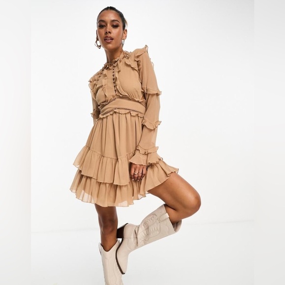 Frill mini dress with button detail in brown - Picture 1 of 5